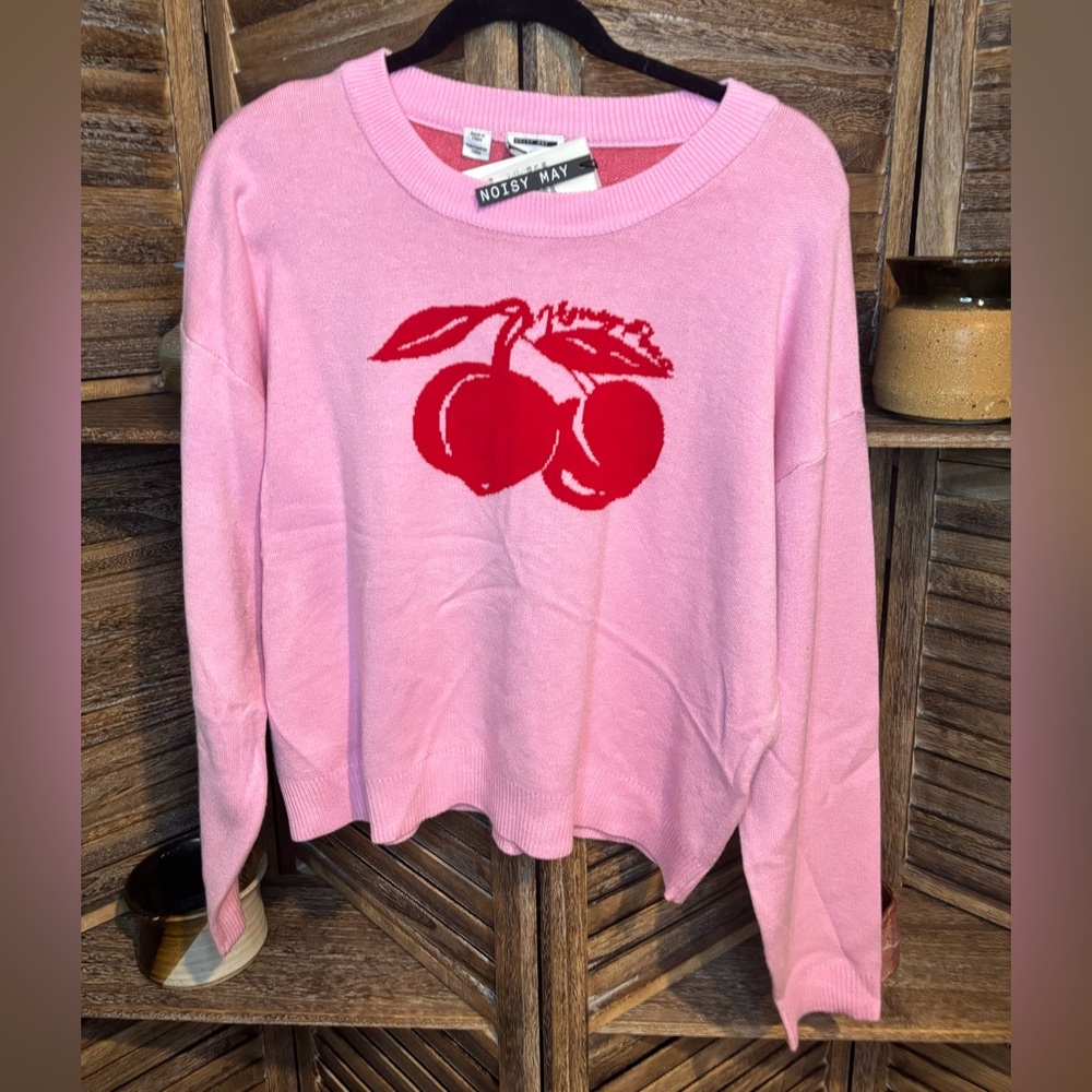 Noisy May Pink Sweatshirt with Red Cherry Design
